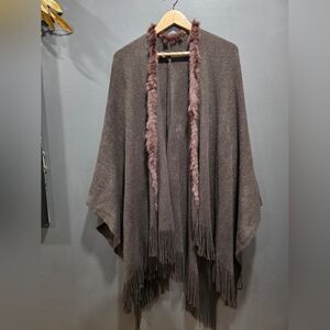 Cejon Brown Real Fur Trim Fringe Shawl Wrap Open Front OS